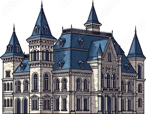 An intricately detailed, pixel-art mansion with multiple towers and blue tiled roofs