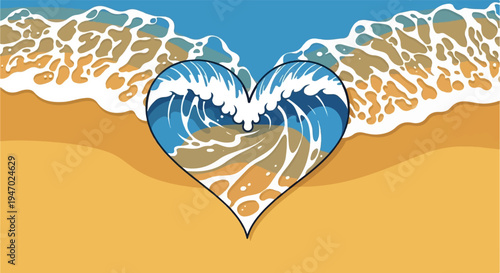 Heart-shaped ocean waves crash onto a sandy beach under a clear blue sky