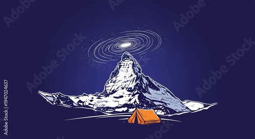 An isolated tent sits at the base of a snow-capped mountain beneath a swirling galaxy