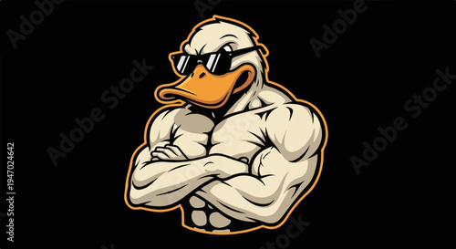 Muscular cartoon duck wearing sunglasses, arms crossed