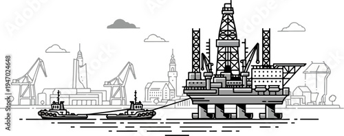 An offshore platform is being towed by tugboats, with a city skyline and cranes in the background
