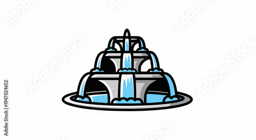 Multi-tiered fountain with cascading water streams in cartoon style