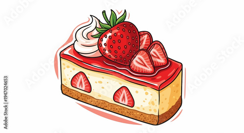 Delicious strawberry cheesecake slice with whipped cream and fruit topping, artful