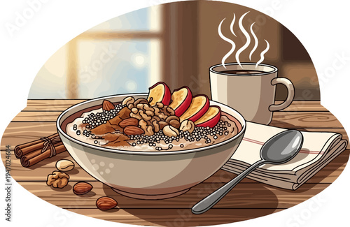 Hearty breakfast steaming coffee and a wholesome bowl of oatmeal topped with nuts, seeds, and fruit