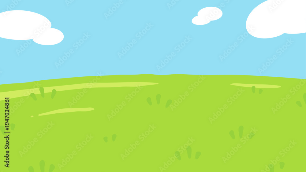 Naklejka premium ゆるい雰囲気の草原と空の背景イラスト_16:9