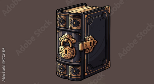 An ornate, locked book with gold trim and a dark cover, presented against a plain background