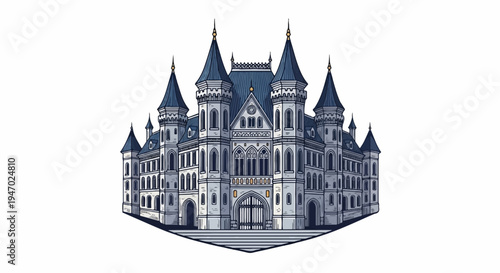 An ornate, multi-turreted, gothic-style building with arched windows and a grand entrance