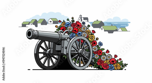 A vintage cannon overflowing with colorful flowers, set against a village backdrop with a cloudy sky