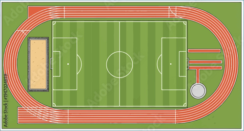 An overhead view of a sports stadium featuring a soccer field and a running track