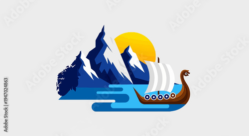 A Viking ship sails past majestic snow-capped mountains under a bright sun