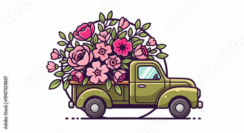 A vintage green pickup truck overflows with a vibrant bouquet of pink and red roses and lush green leaves