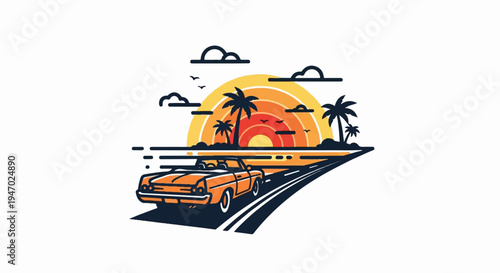 A vintage convertible cruises down a coastal highway towards a vibrant sunset over the ocean