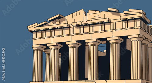 Ancient Greek temple with columns and worn roof under a blue sky