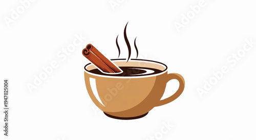 A warm beverage in a mug with steaming vapor and two cinnamon sticks inside
