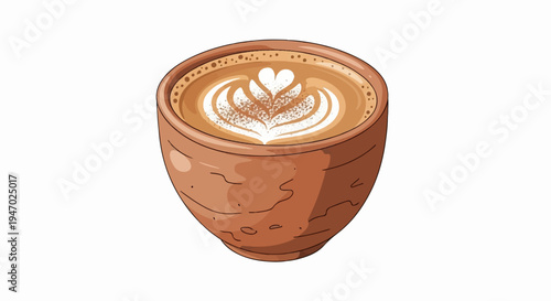 A warm, clay mug brimming with rich coffee, topped with delicate latte art
