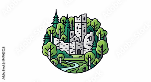 Ancient stone ruins nestled within a vibrant, verdant forest with a winding river below