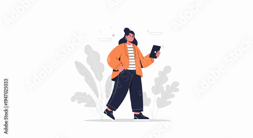 Person with tablet, walking among foliage