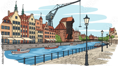 Historic riverside cityscape with boats, cranes, and old buildings under a cloudy sky