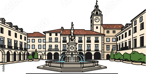 Historic European plaza with a central fountain and clock tower