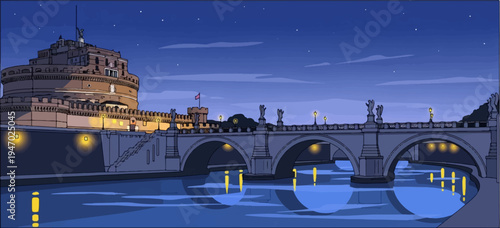 Historic cylindrical fortress with arched bridge at dusk, stars twinkle in the night sky