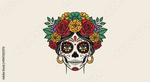 Detailed Sugar Skull with Vibrant Floral Crown and Intricate Face Paint