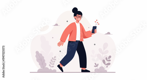 Person with phone and flowers walking outdoors with abstract background