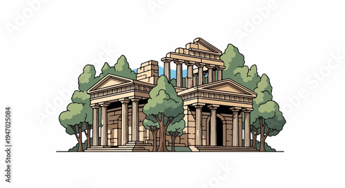 Ancient stone structure with columns and trees, cartoon style