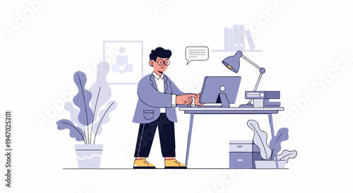 Person working on computer at desk with plants and lamp