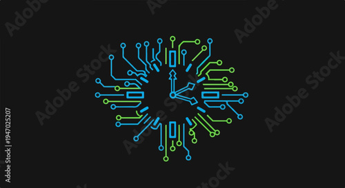 Digital clock face formed by circuitry on a black background