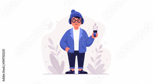 Animated character with headphones and a cup, styled in a blue jacket and beanie