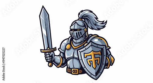 Fierce armored warrior in polished metal, holding a sword and shield