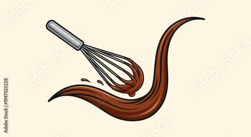 A whisk stirring a thick, smooth stream of rich brown liquid