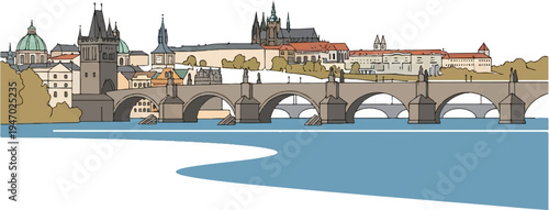 Iconic bridge spanning a wide river with a historic city skyline and ancient architecture