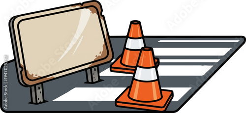 Orange traffic cones and a blank sign on a crosswalk
