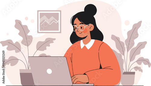 Person working on laptop, surrounded by plants and art