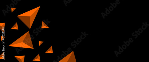 Abstract 3D Orange Low Poly Triangles and Pyramids Floating on Black Background, Geometric Lowpoly Vector Illustration for Modern Graphic Design and Tech Web Banner