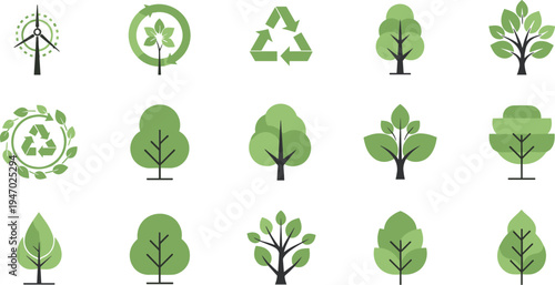 Eco friendly green tree icons collection with recycle symbol wind energy nature environment flat vector illustration set