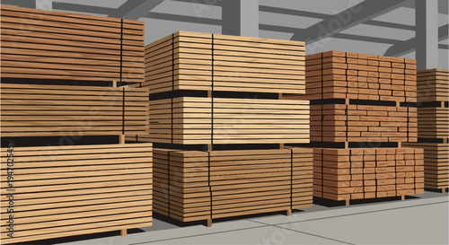 Piles of stacked lumber inside a warehouse