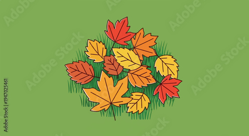 Pile of autumn leaves in warm colors on green grass