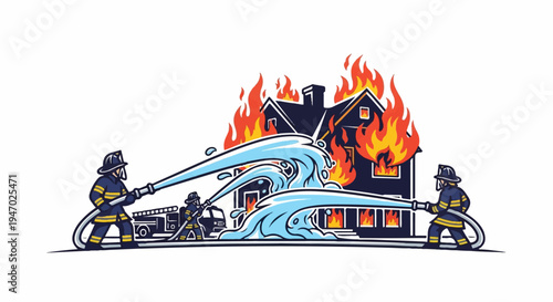 Firefighters battle a burning house with water from hoses, a truck nearby