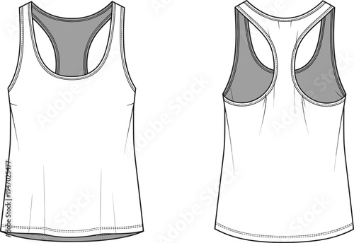 Women’s racerback tank top technical flat sketch with front and back view, athletic sportswear apparel template, fashion garment vector line drawing