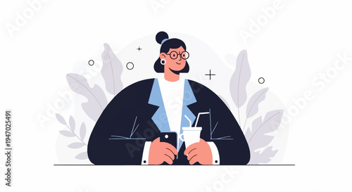 Animated woman in glasses, suit, holding phone and drink, with plants