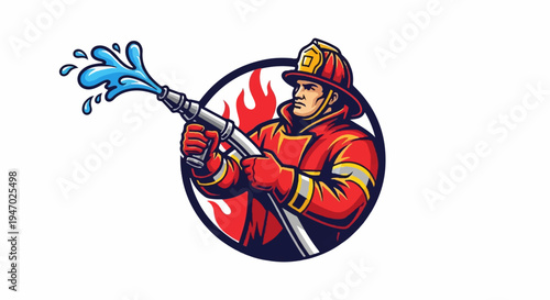 Firefighter in protective gear sprays water from a hose, surrounded by flames