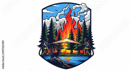 Firefighters battle a raging forest fire next to a lake, with a deer watching