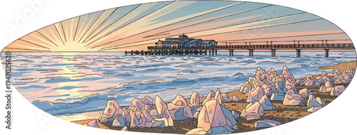 Serene sunrise over ocean with pier and rocky shore