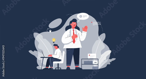 Illustration of a mentor guiding a student with a laptop and a bright idea