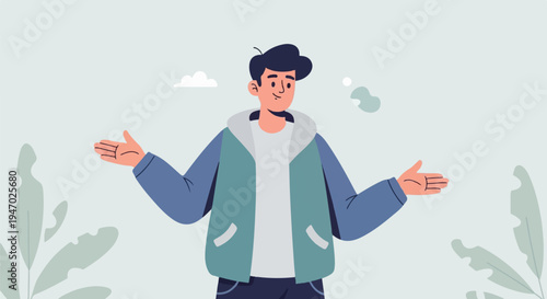 Flat illustrated person with outstretched arms and curious expression, surrounded by abstract shapes and greenery