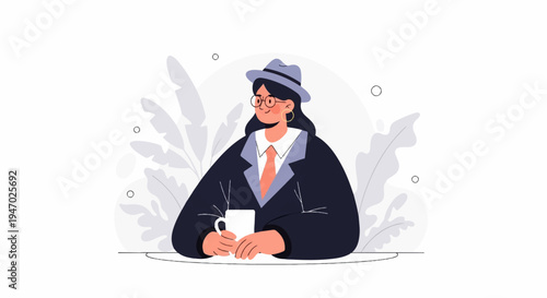Illustration of a woman in a hat and suit holding a mug with plants in the background