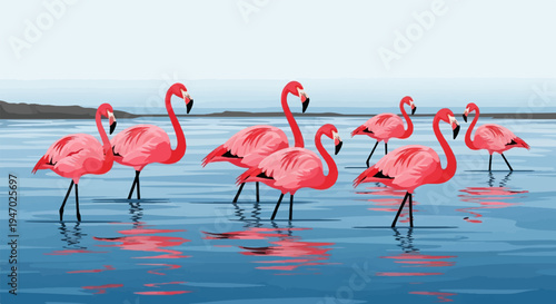 Seven vivid pink flamingos stand in shallow, rippling blue water with a muted grey distant shore