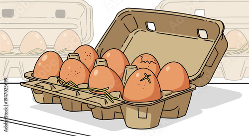 Several brown eggs in a cardboard carton, some with speckles and one cracked, with another carton blurred in the background